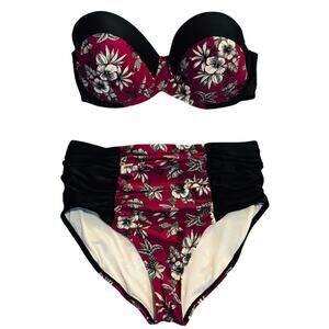 Adore Me Burgundy and Black Floral Plus Size Strapless Bikini Top 42H Bottom 3X